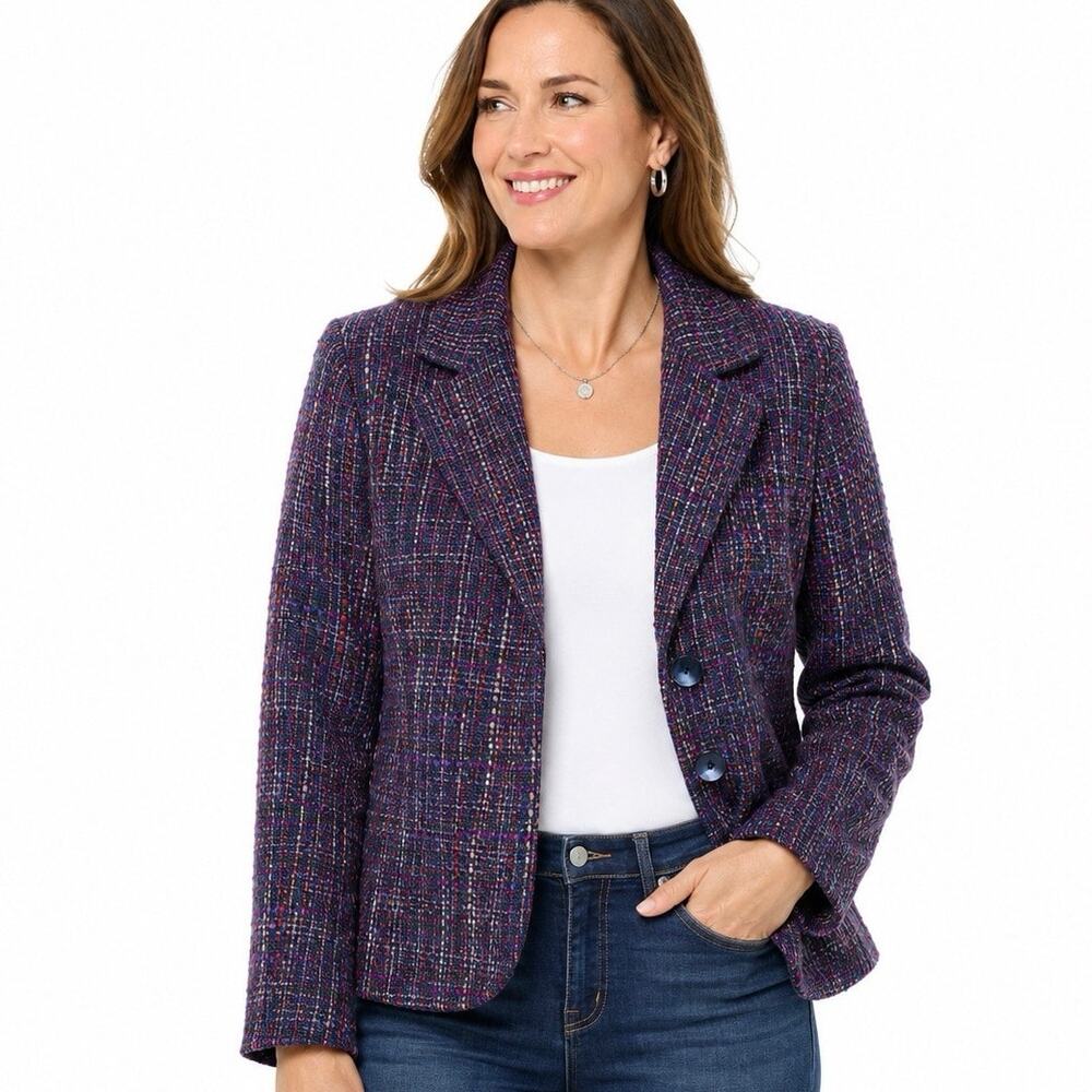 Coldwater Creek Womens P12 Tweed Blazer Jacket Blue Purple Boucle Career